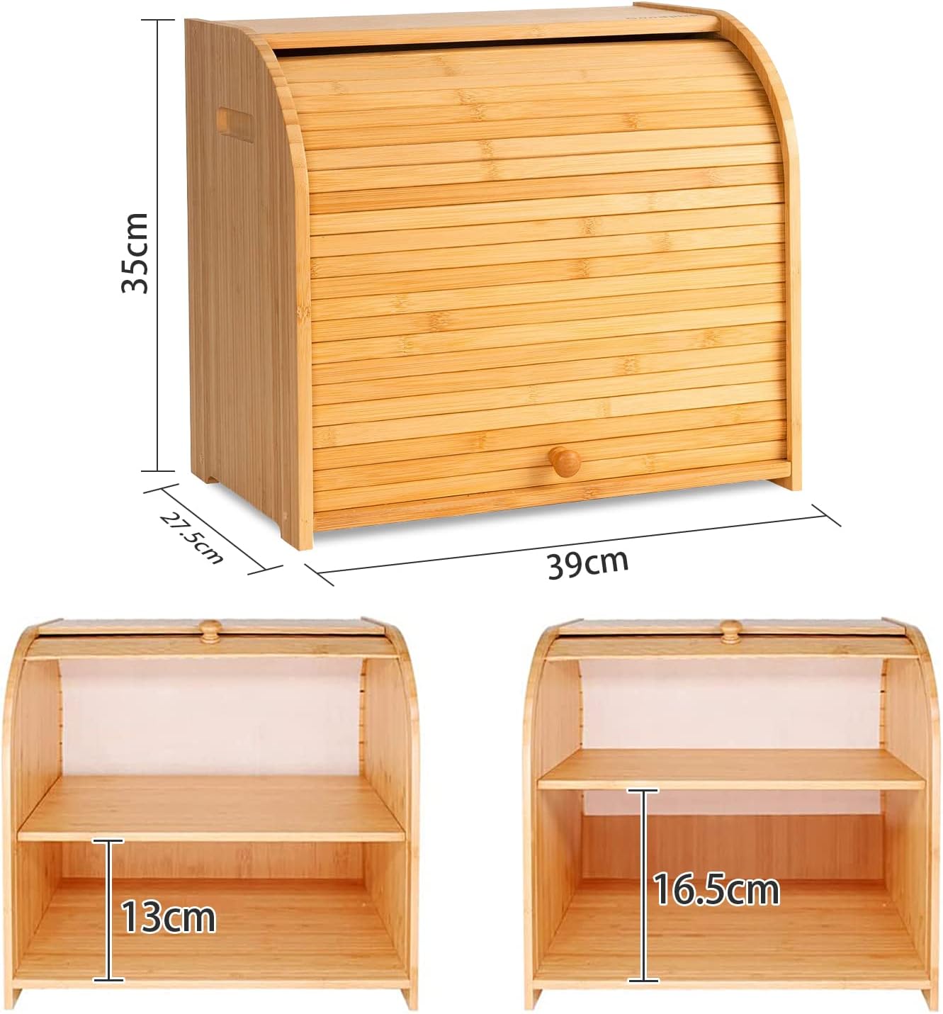 Carela HOME Large Bamboo Bread Box Storage Organizer with Roll Top for Kitchen Counter