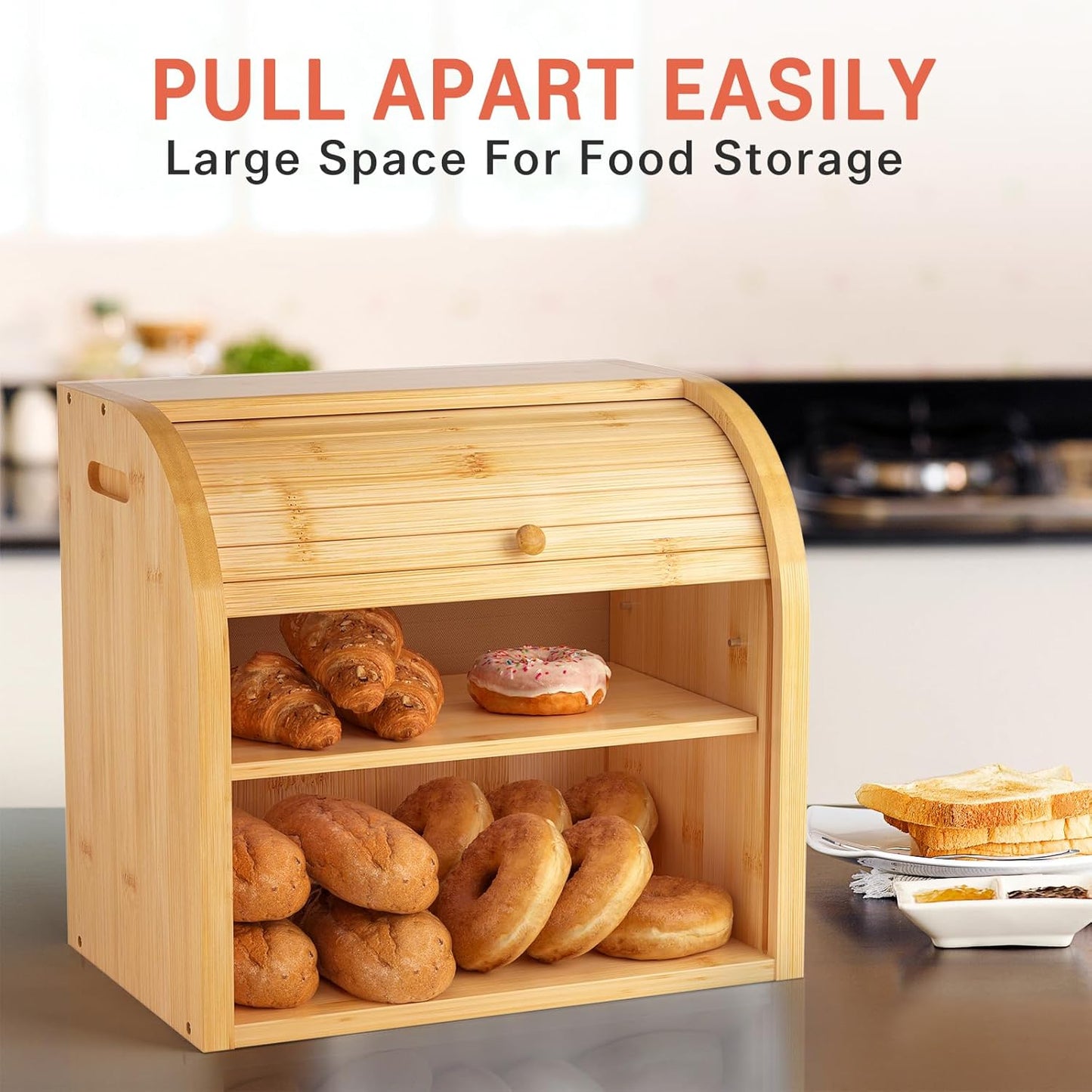 Carela HOME Large Bamboo Bread Box Storage Organizer with Roll Top for Kitchen Counter