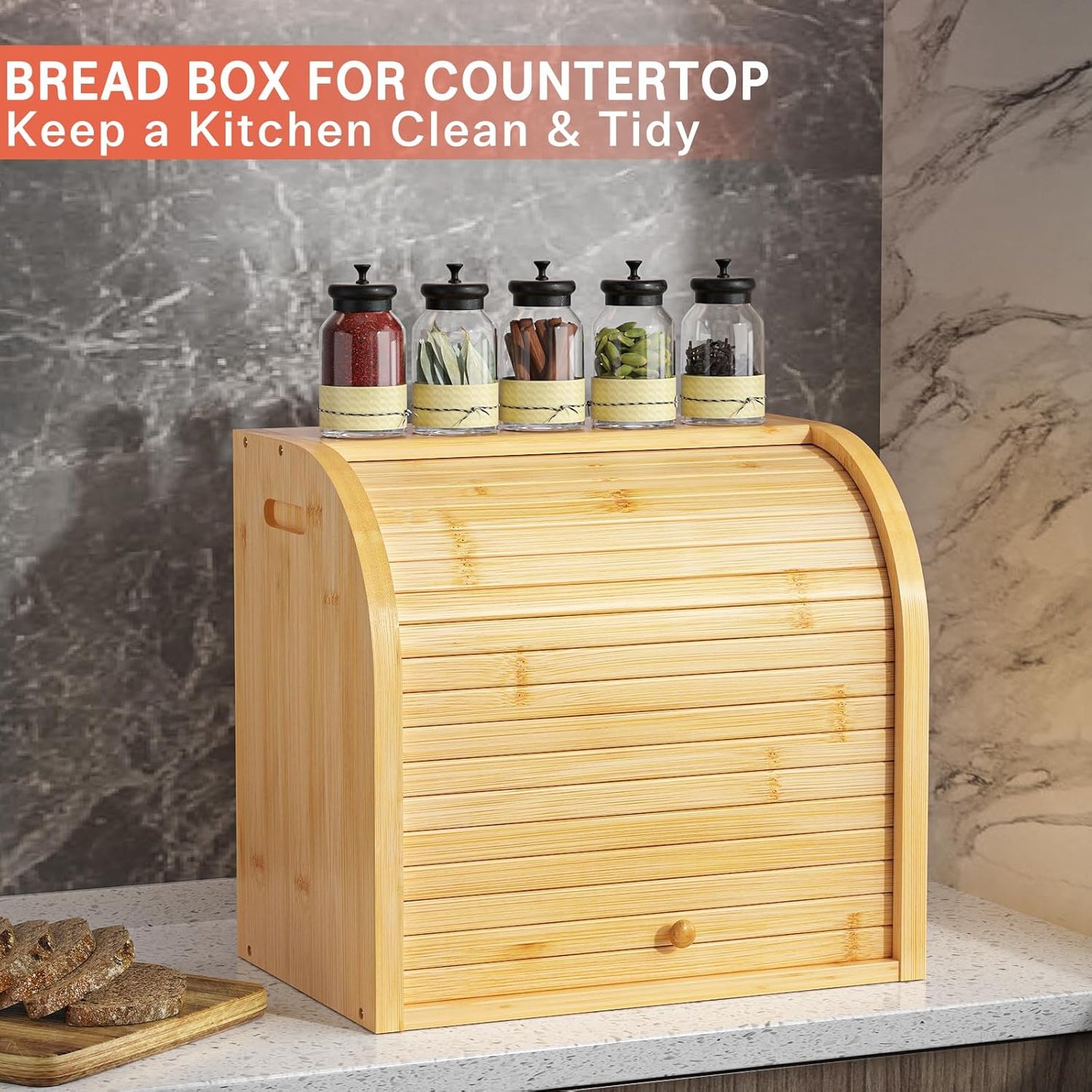 Carela HOME Large Bamboo Bread Box Storage Organizer with Roll Top for Kitchen Counter