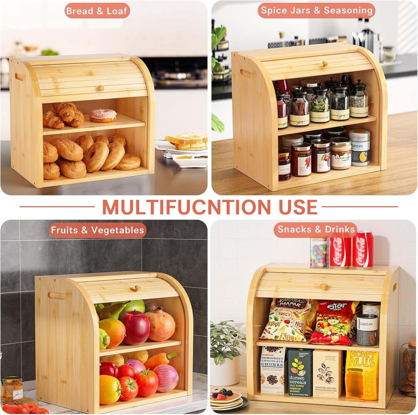 Carela HOME Large Bamboo Bread Box Storage Organizer with Roll Top for Kitchen Counter