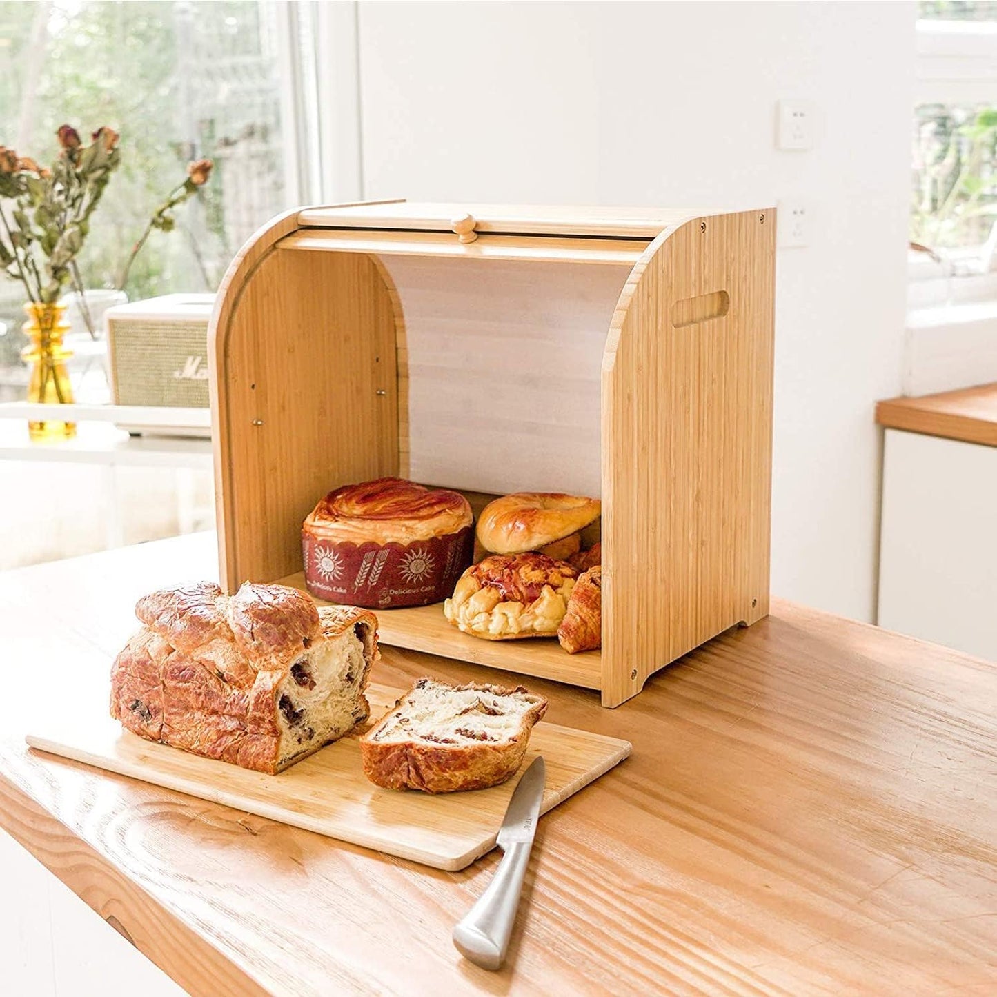 Carela HOME Large Bamboo Bread Box Storage Organizer with Roll Top for Kitchen Counter
