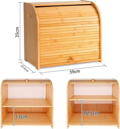Carela HOME Large Bamboo Bread Box Storage Organizer with Roll Top for Kitchen Counter
