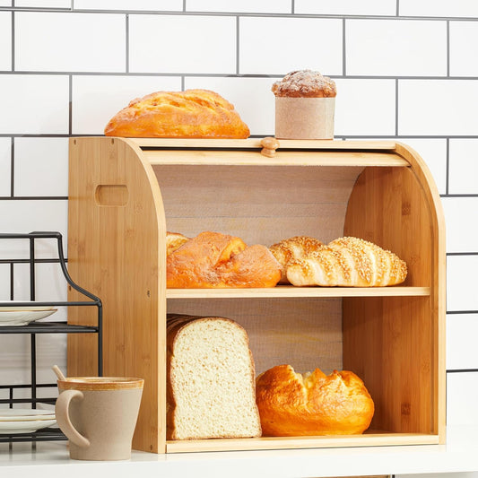 Carela HOME Large Bamboo Bread Box Storage Organizer with Roll Top for Kitchen Counter
