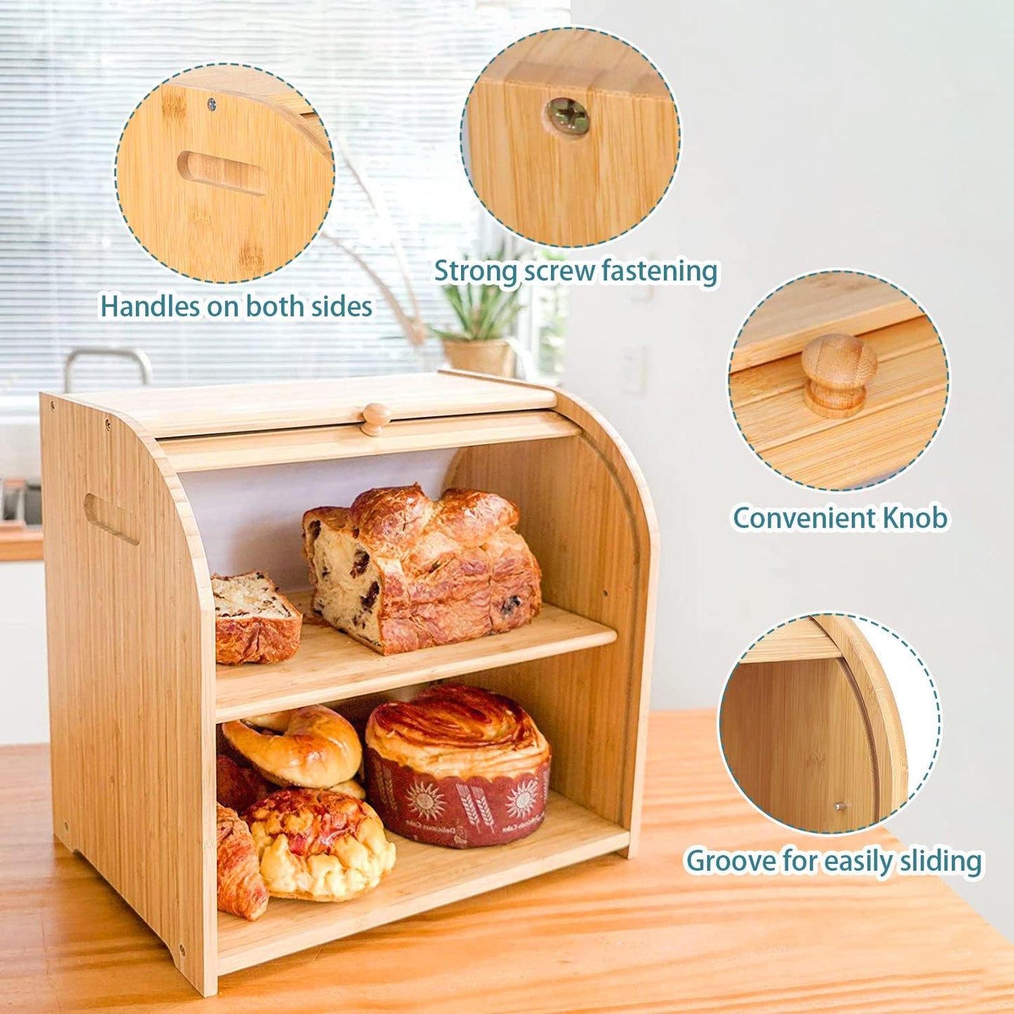 Carela HOME Large Bamboo Bread Box Storage Organizer with Roll Top for Kitchen Counter