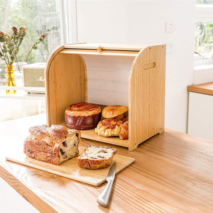 Carela HOME Large Bamboo Bread Box Storage Organizer with Roll Top for Kitchen Counter