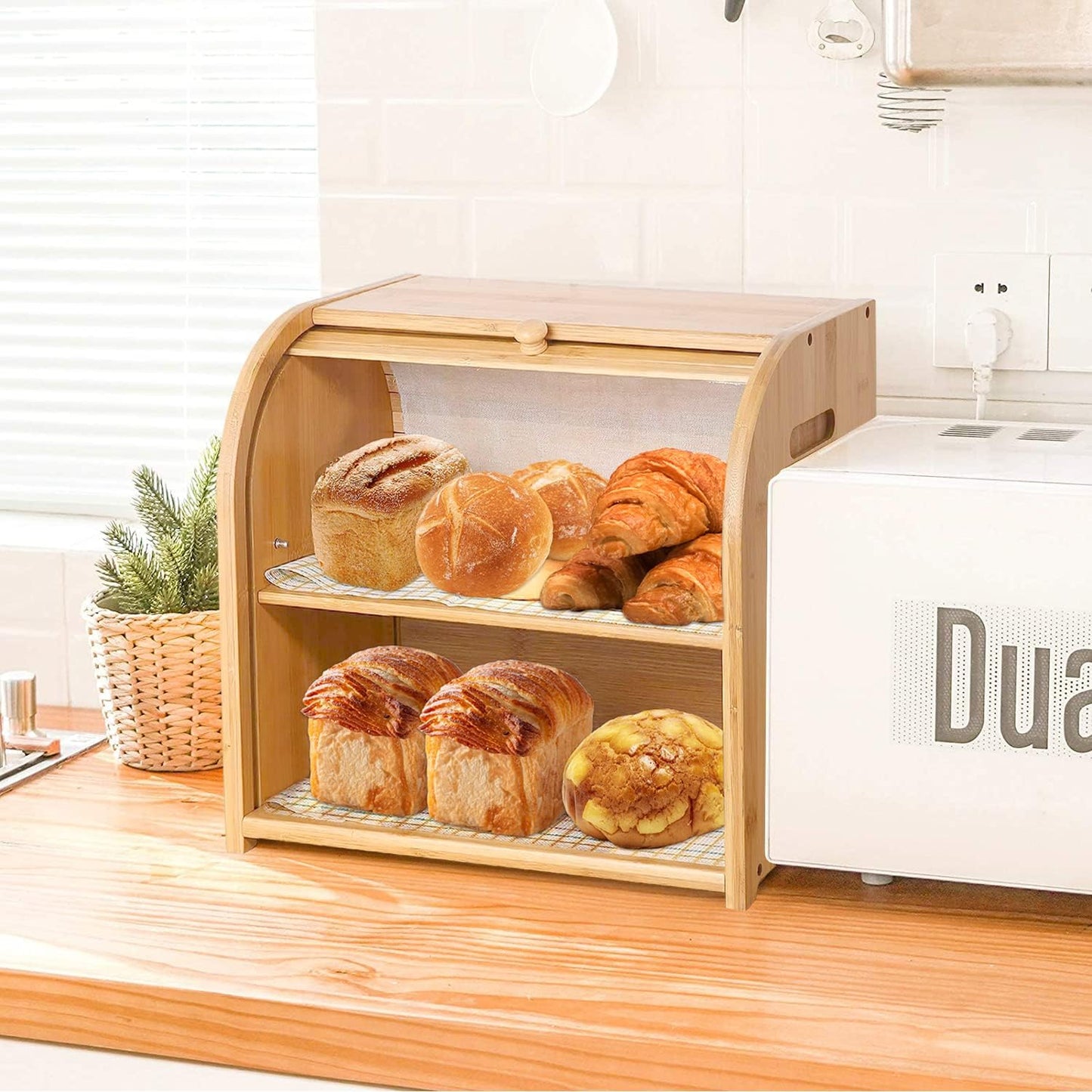 Carela HOME Large Bamboo Bread Box Storage Organizer with Roll Top for Kitchen Counter