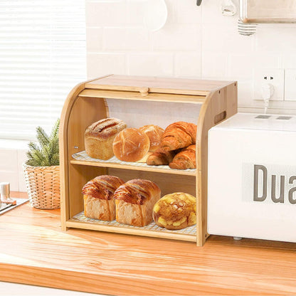 Carela HOME Large Bamboo Bread Box Storage Organizer with Roll Top for Kitchen Counter